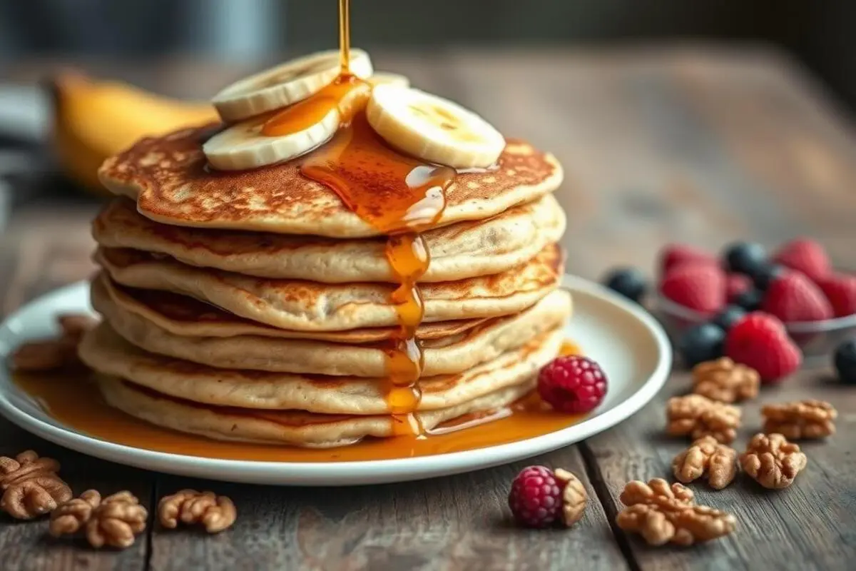 A stack of nutty banana bread pancakes topped with banana slices, chopped nuts, and a drizzle of syrup on a plate.