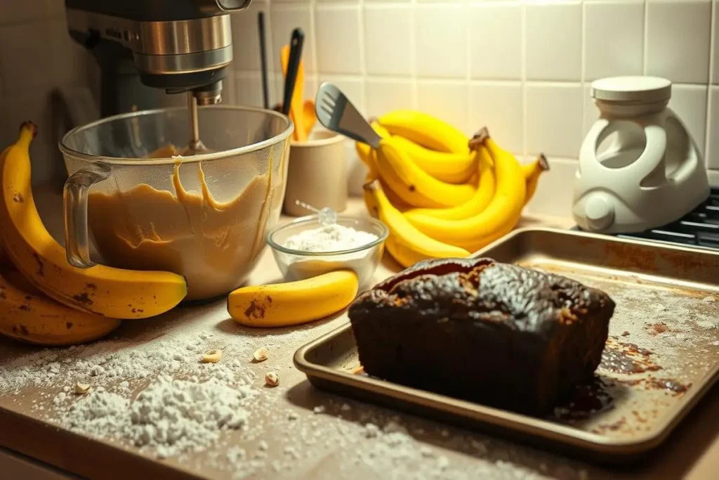 A bowl of banana bread batter being mixed vigorously with a whisk