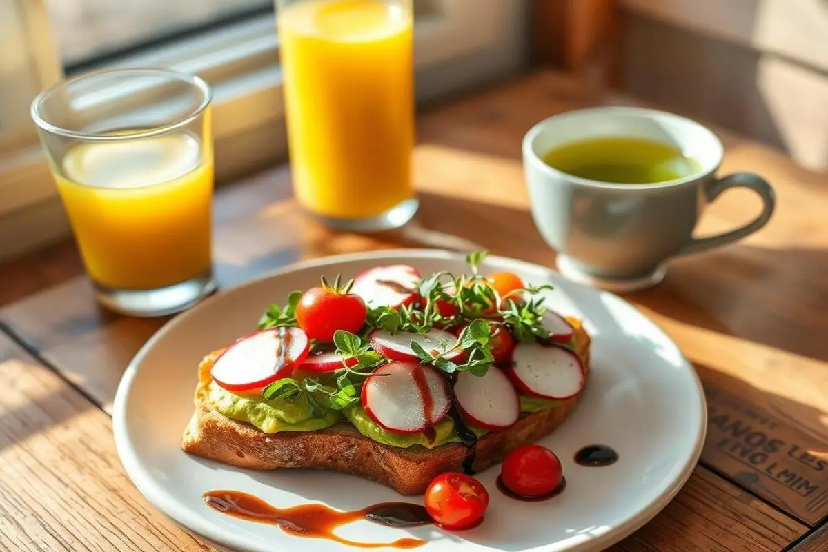 Avocado toast paired with side dishes such as eggs, fruits, and a cup of coffee.