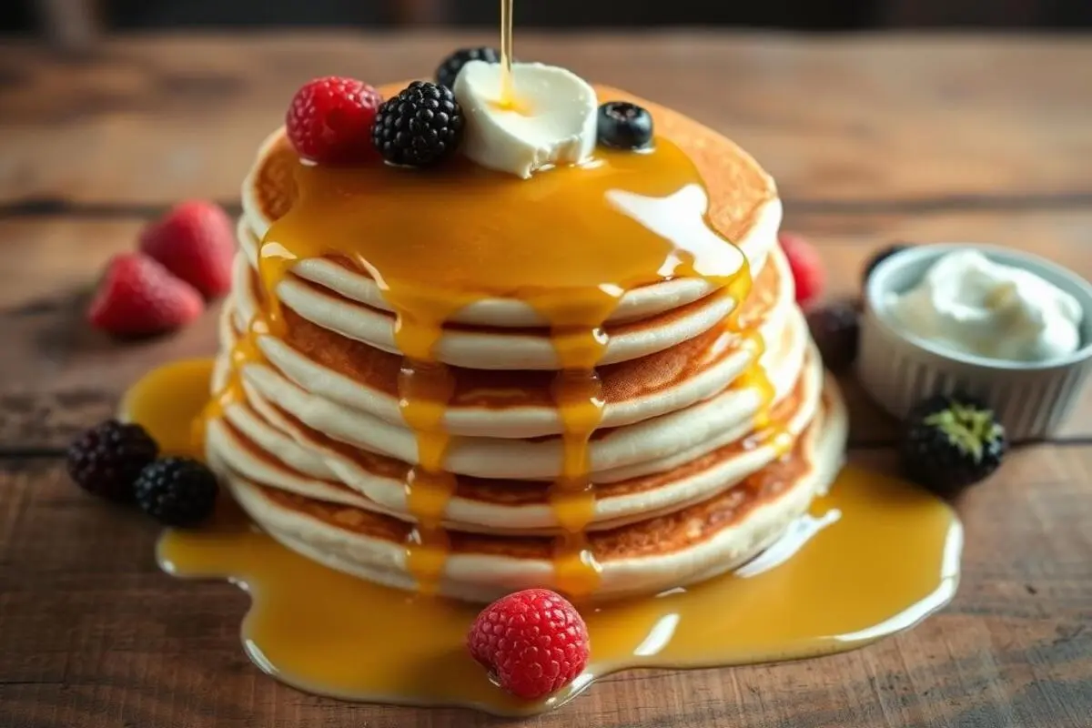 A stack of pancakes drizzled with rich maple syrup and topped with a pat of butter.