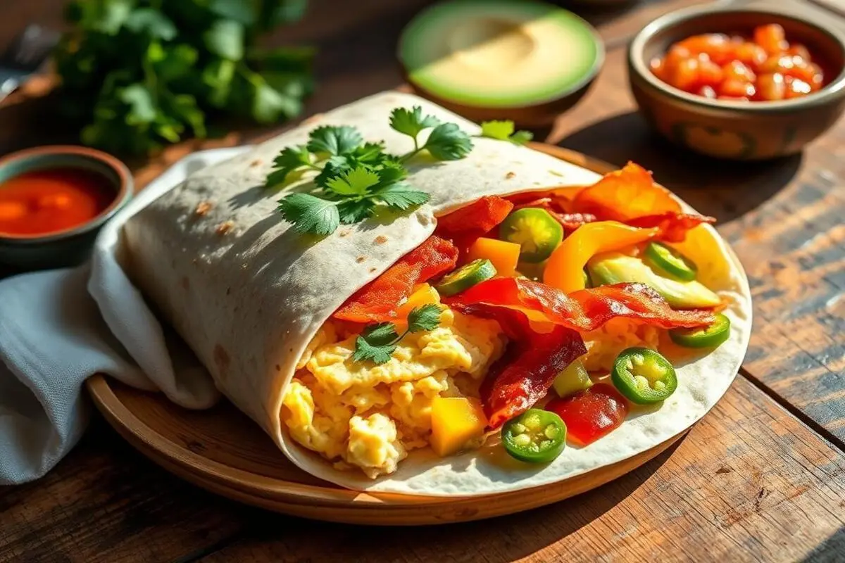 Perfect Breakfast Burrito filled with eggs, sausage, cheese, and vegetables, wrapped in a soft tortilla.