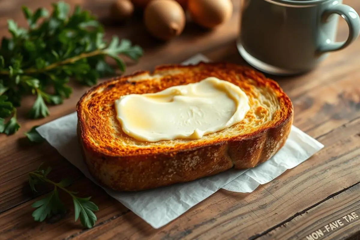 A stack of perfectly golden buttered toast slices on a wooden cutting board.