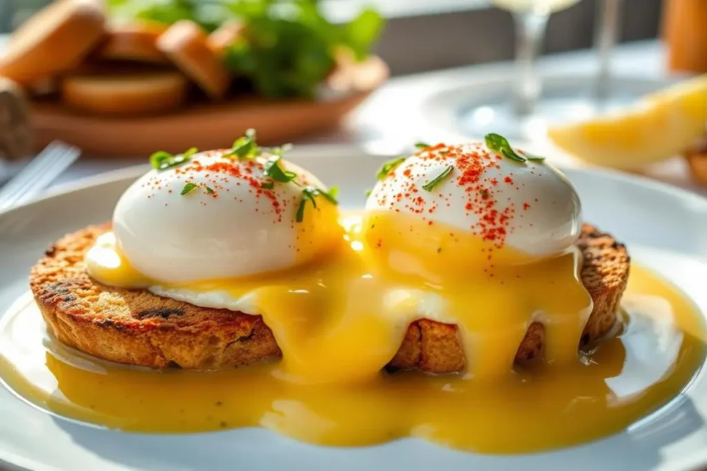 A perfectly poached egg with a soft, runny yolk resting on a plate.