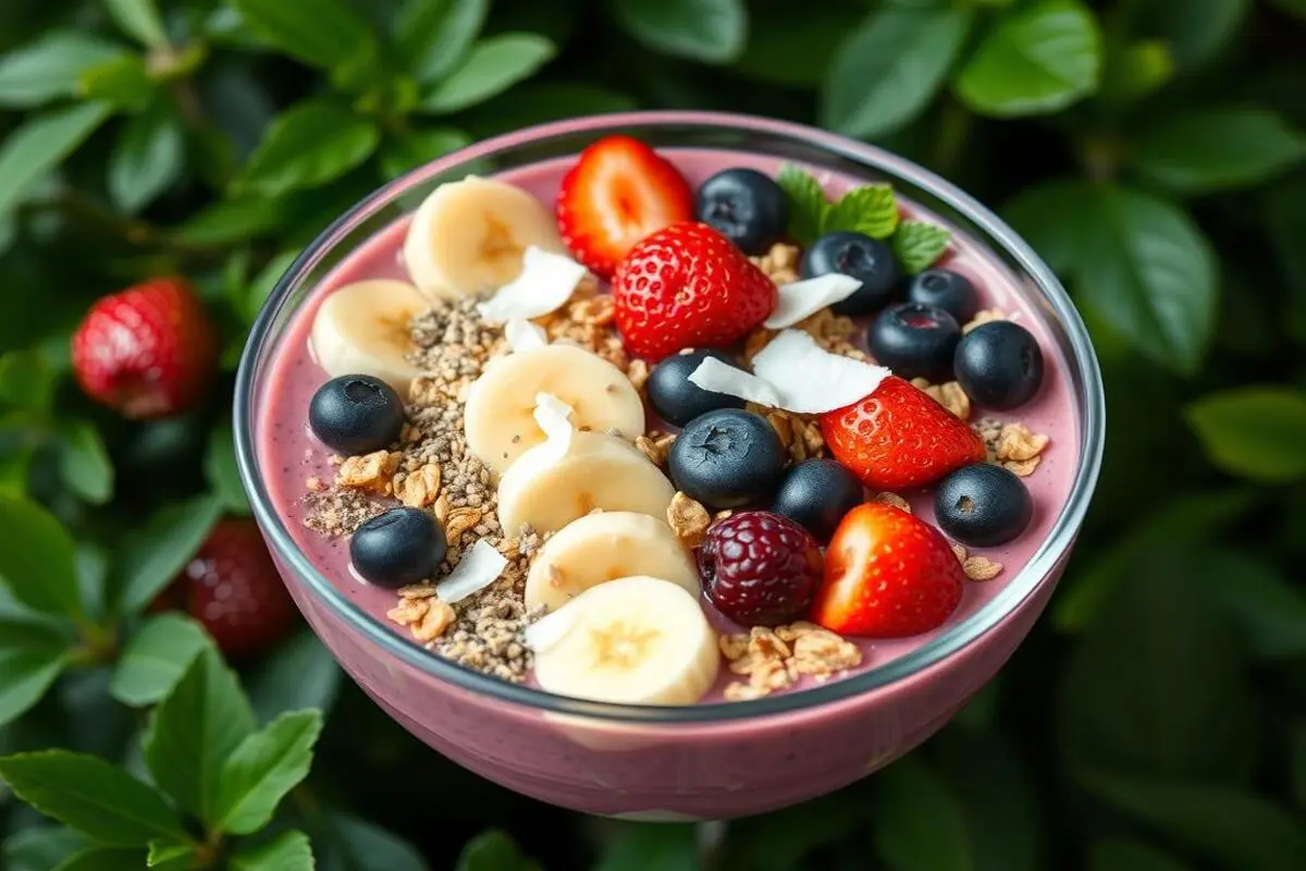 A beautifully arranged smoothie bowl with fresh fruit, granola, and seeds