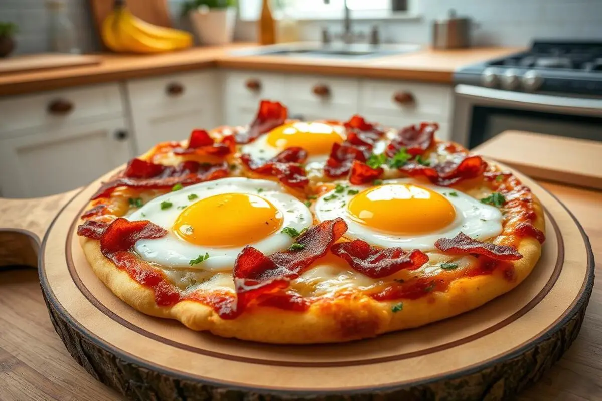 A crispy breakfast pizza topped with bacon and eggs, served hot from the oven.