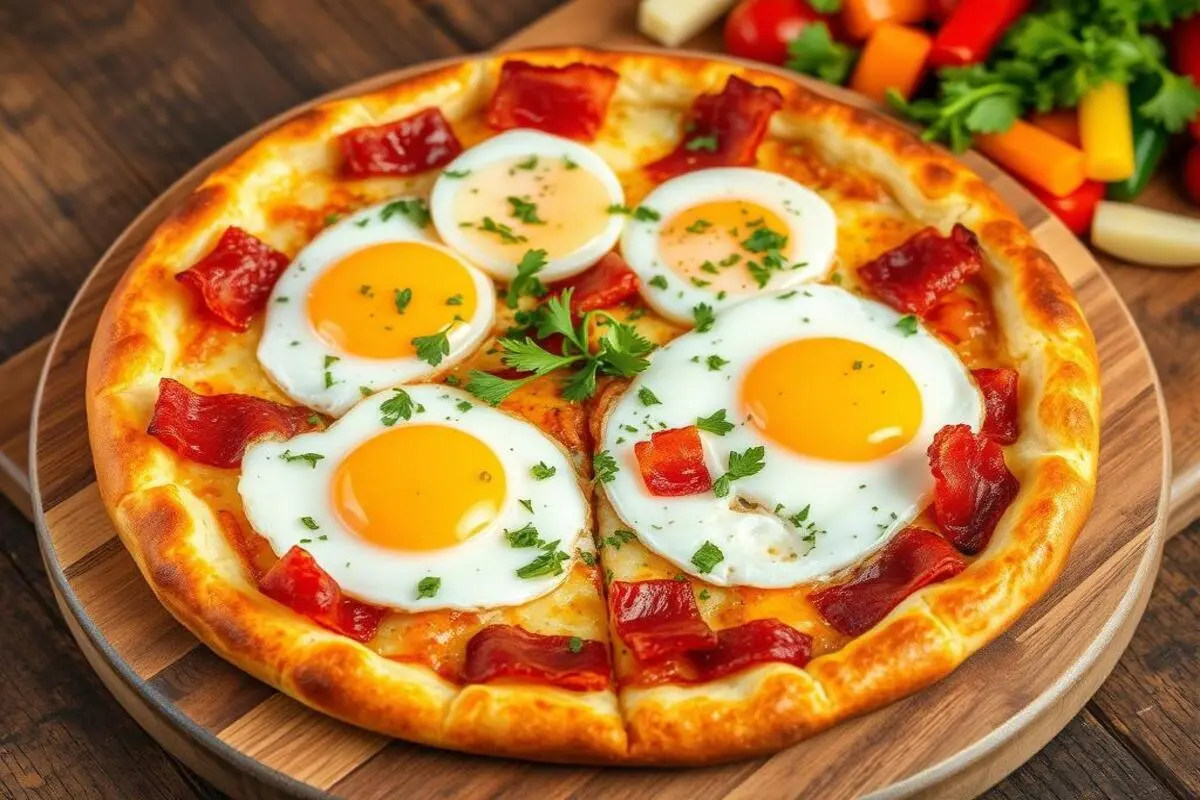 A savory brunch pizza featuring crispy bacon, soft eggs, and bubbling cheese.