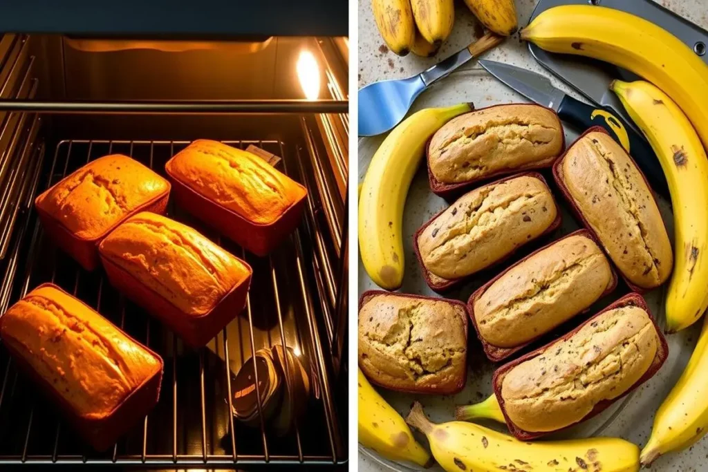 Add-ins like chocolate chips, walnuts, and raisins beside a loaf of banana bread.