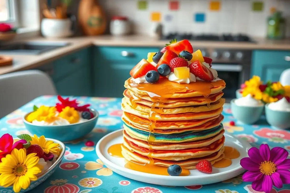 A flat-lay view of ingredients for making rainbow pancakes, including bowls of batter, food coloring, and toppings like syrup and fresh fruits.