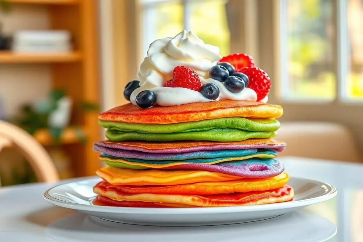  A festive breakfast table setup featuring a rainbow pancake bar with toppings, drinks, and bright decorations.