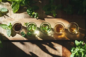 A variety of refreshing herbal shots and tea presented in small glasses and cups, showcasing vibrant colors from natural ingredients.