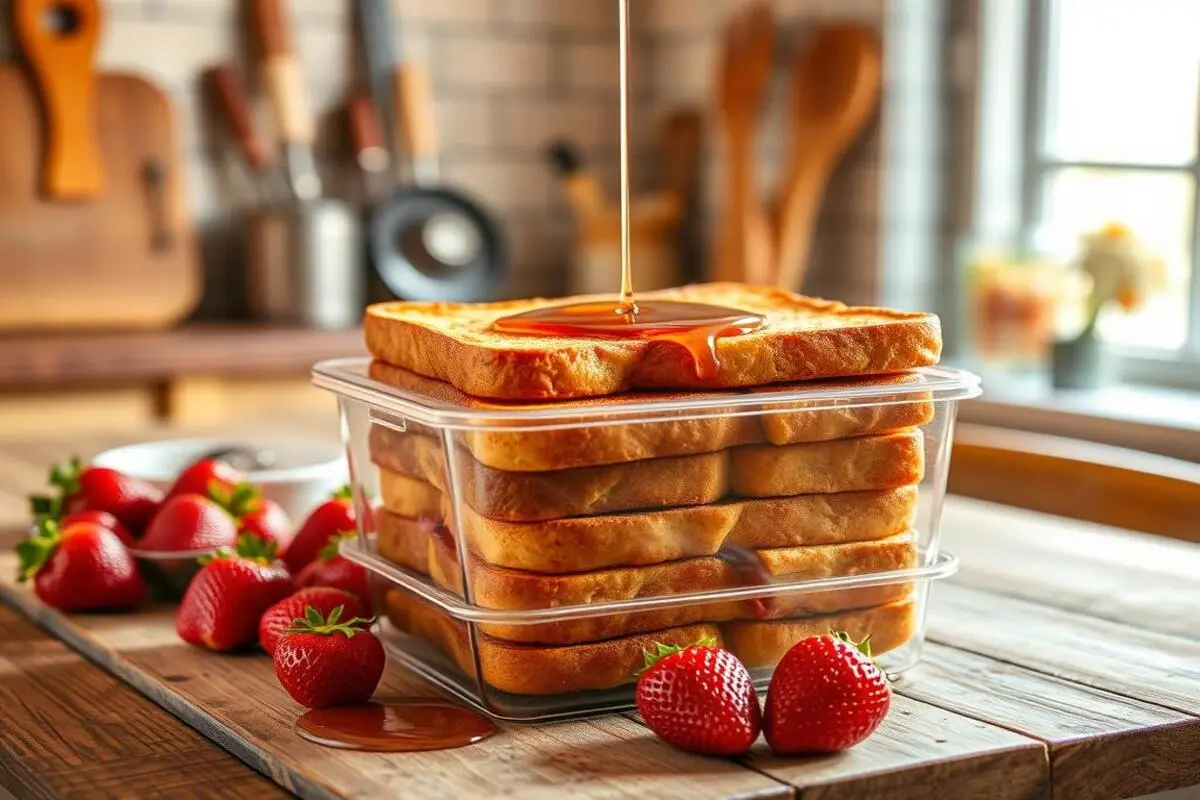 A serving of French toast on a plate with syrup and fresh fruit.