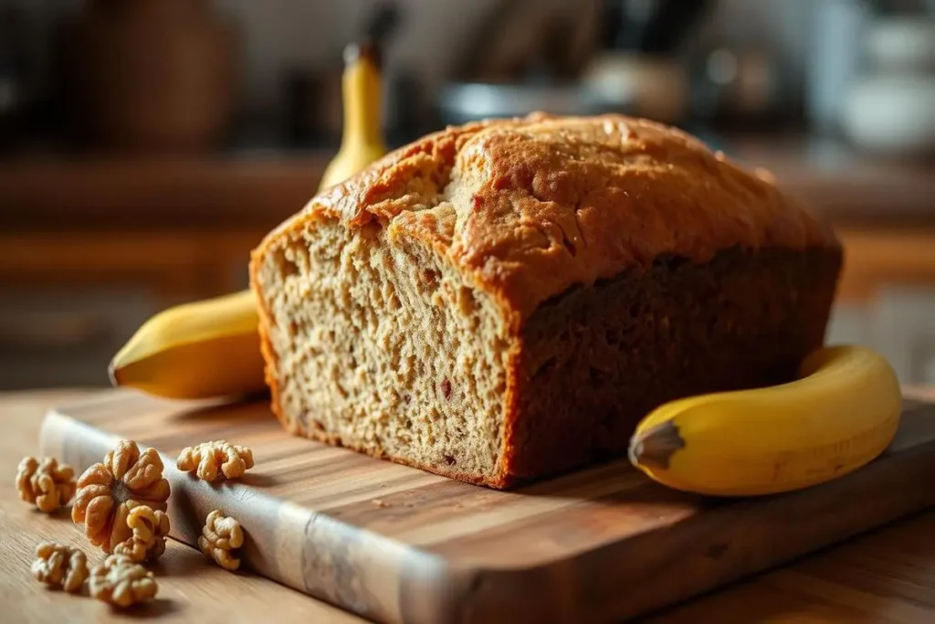 Banana bread loaf with ingredients like bananas, flour, and eggs displayed