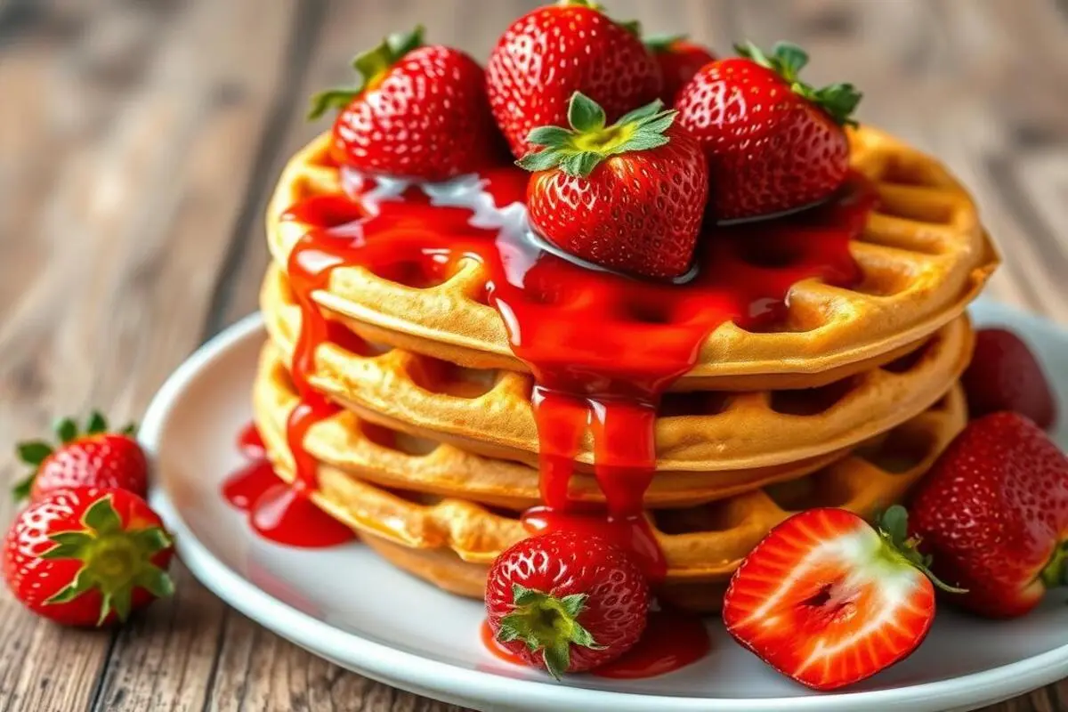 Golden waffles drizzled with strawberry syrup and topped with fresh strawberries.