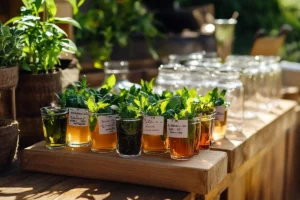 A warm cup of herbal tea placed near a sunlit window, with steam rising gently, surrounded by fresh herbs and natural light.