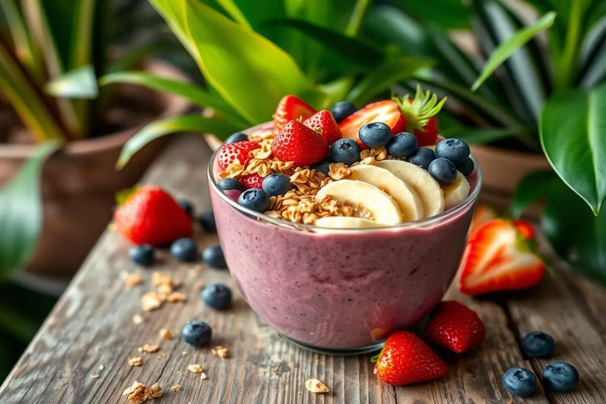 A colorful smoothie bowl topped with fresh fruit, seeds, and granola.