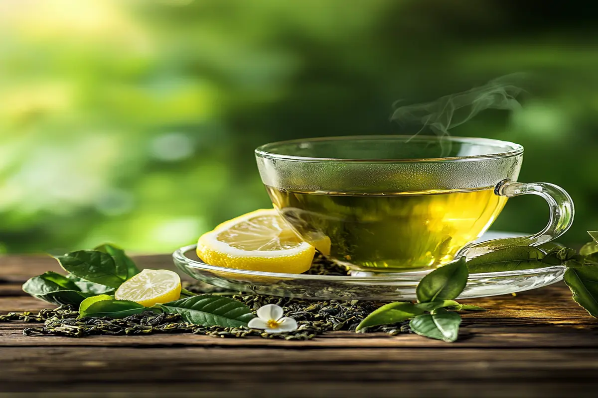 A refreshing cup of green tea placed on a table, surrounded by green tea leaves and steam rising above the cup.