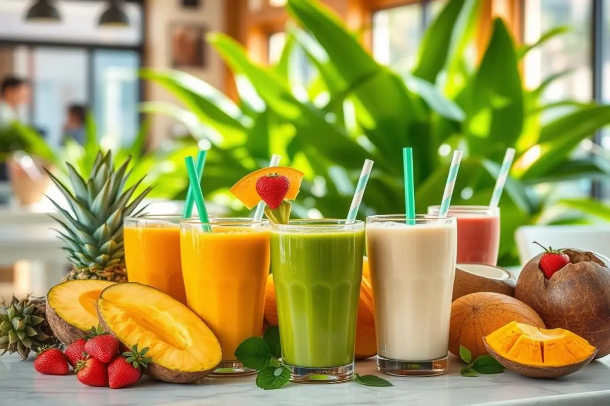 A tropical smoothie breakfast spread with a glass of smoothie, fresh fruits, and a bowl of granola on a rustic table.