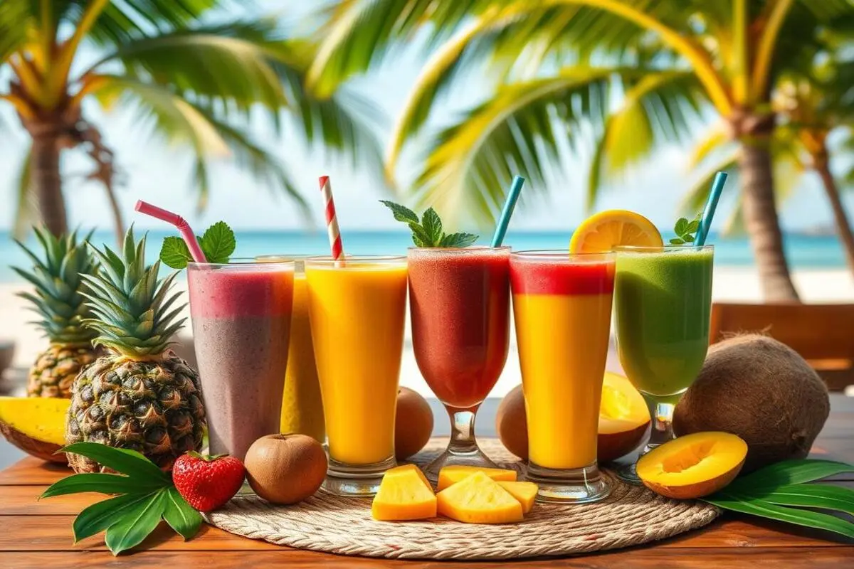 A refreshing tropical smoothie in a glass, garnished with a slice of fruit and served on a vibrant table.