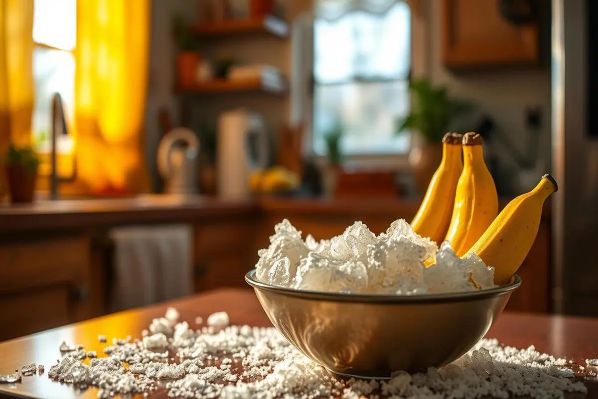 Frozen bananas in a blender being prepared for baking