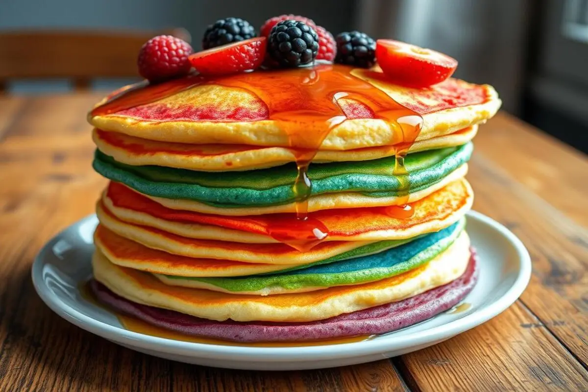 A stack of vibrant rainbow pancakes topped with whipped cream and fresh fruits, set against a bright background.