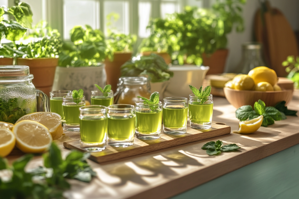 A serene presentation of a green tea shot in a minimalist setting, served in a clear glass with a smooth, vibrant green hue.