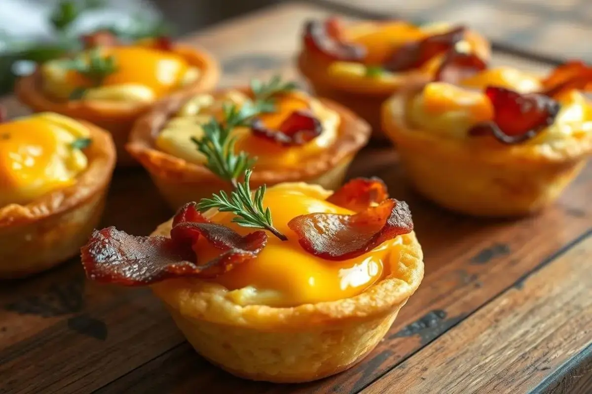 Bacon-wrapped egg cups topped with melted cheese.