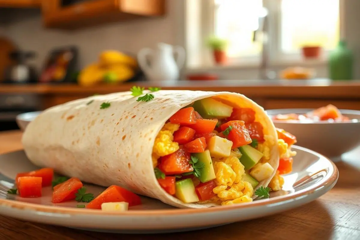 Best Breakfast Burrito with scrambled eggs, crispy bacon, melted cheese, and fresh veggies wrapped in a soft tortilla.