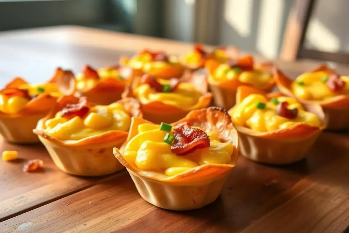 Breakfast cups with egg and cheese filling, arranged neatly on a plate.