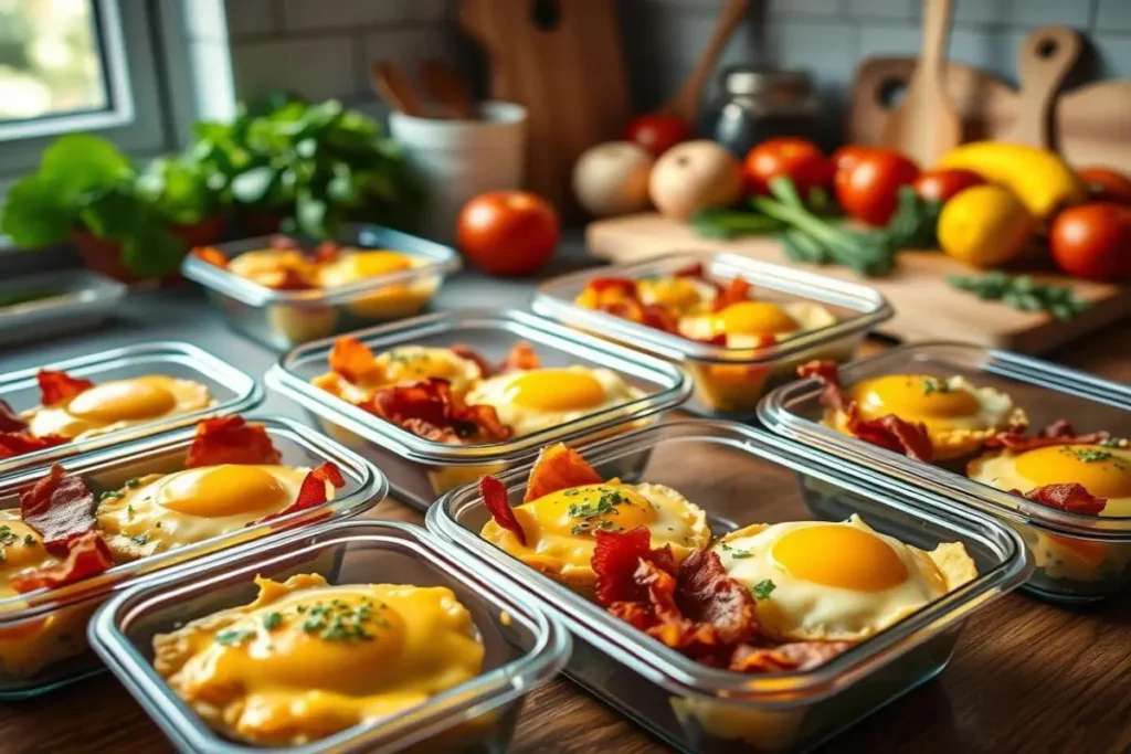 Muffin-style breakfast cups filled with egg, vegetables, and cheese.