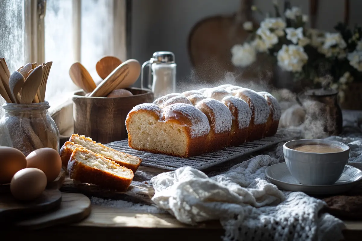 Cinnamon donut bread loaf with a golden crust, dusted with sugar and cinnamon, sliced to reveal a soft, moist interior.