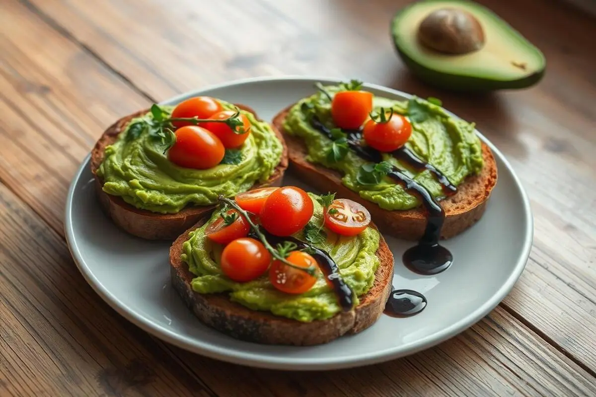 Delicious avocado toast topped with fresh ingredients on a plate.