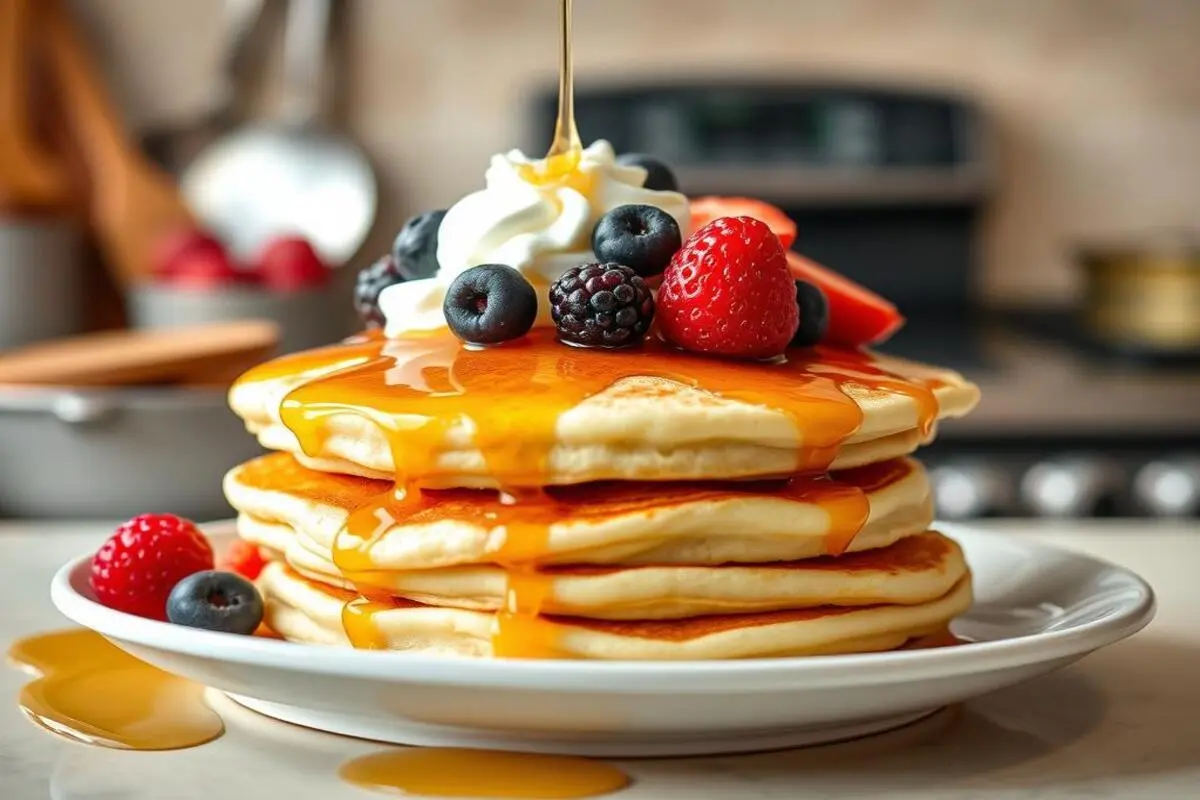 A stack of golden, fluffy pancakes topped with butter and drizzled with syrup.