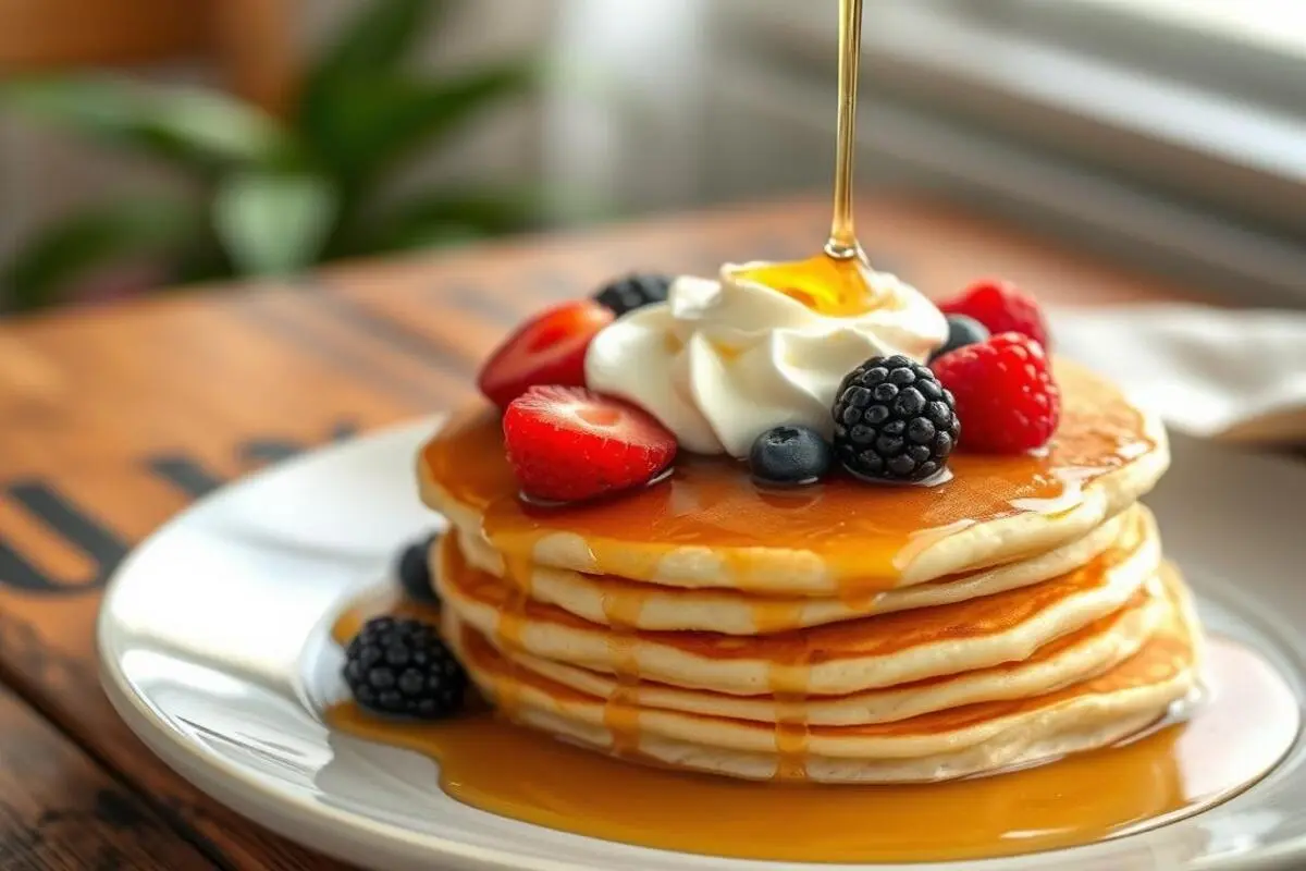 A plate of easy vegan pancakes topped with syrup and fresh fruit.