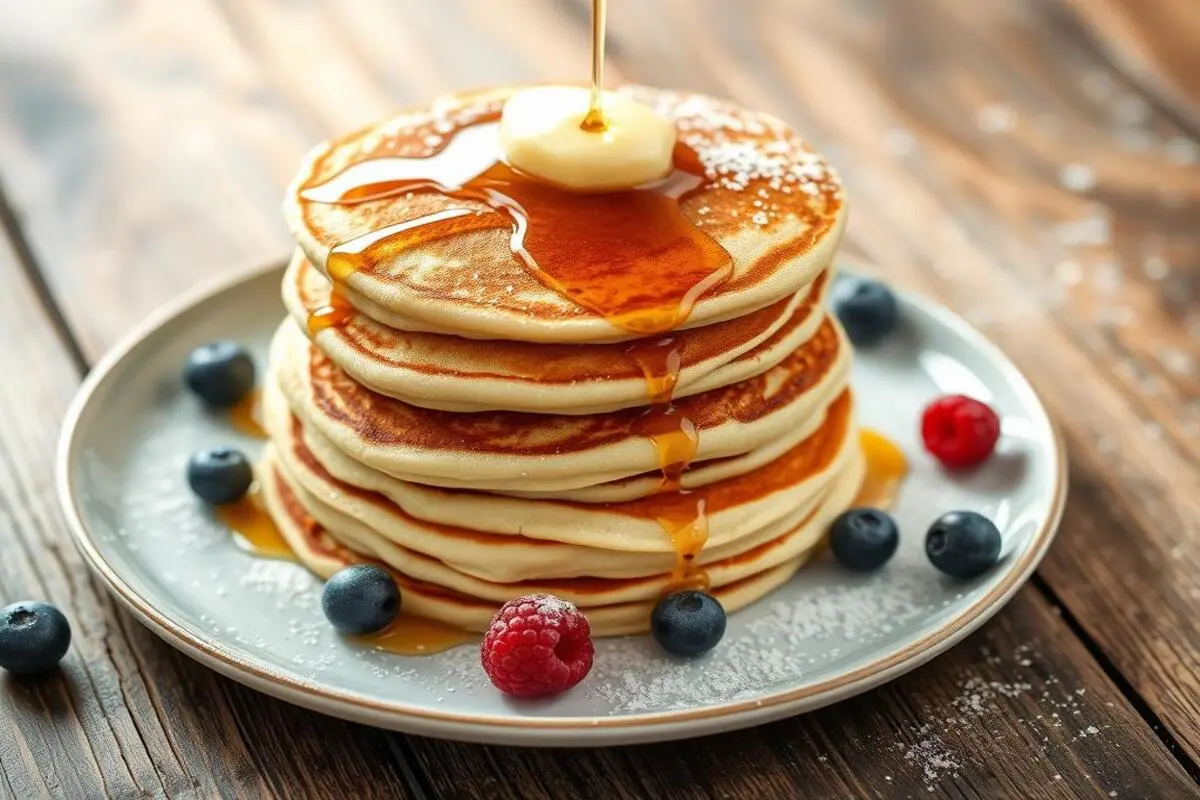 Stack of golden-brown egg-free pancakes served on a plate with syrup and fresh fruit.