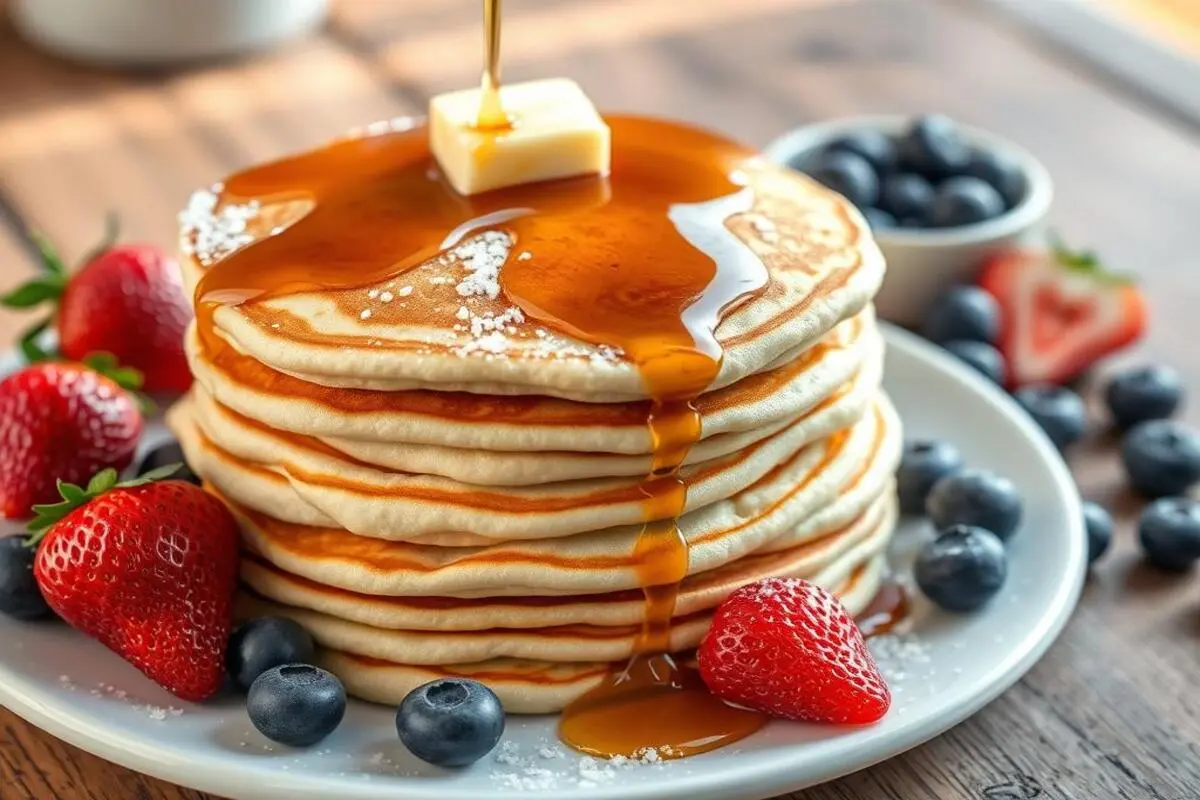 A stack of fluffy plant-based pancakes topped with maple syrup and fresh berries.