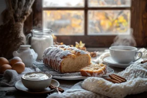 Freshly baked loaf of cinnamon bread with a golden-brown crust and visible swirls of cinnamon throughout the soft interior.