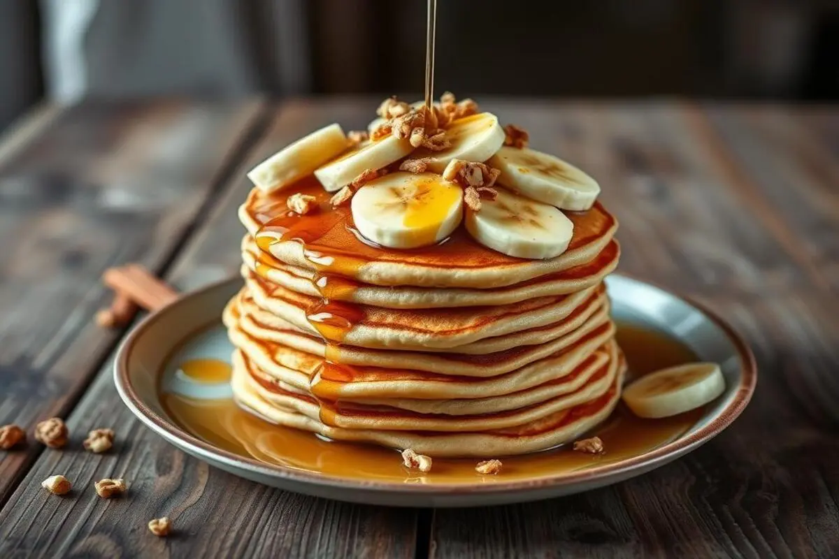 A stack of healthy banana bread pancakes topped with fresh banana slices, nuts, and a drizzle of syrup, served on a plate.