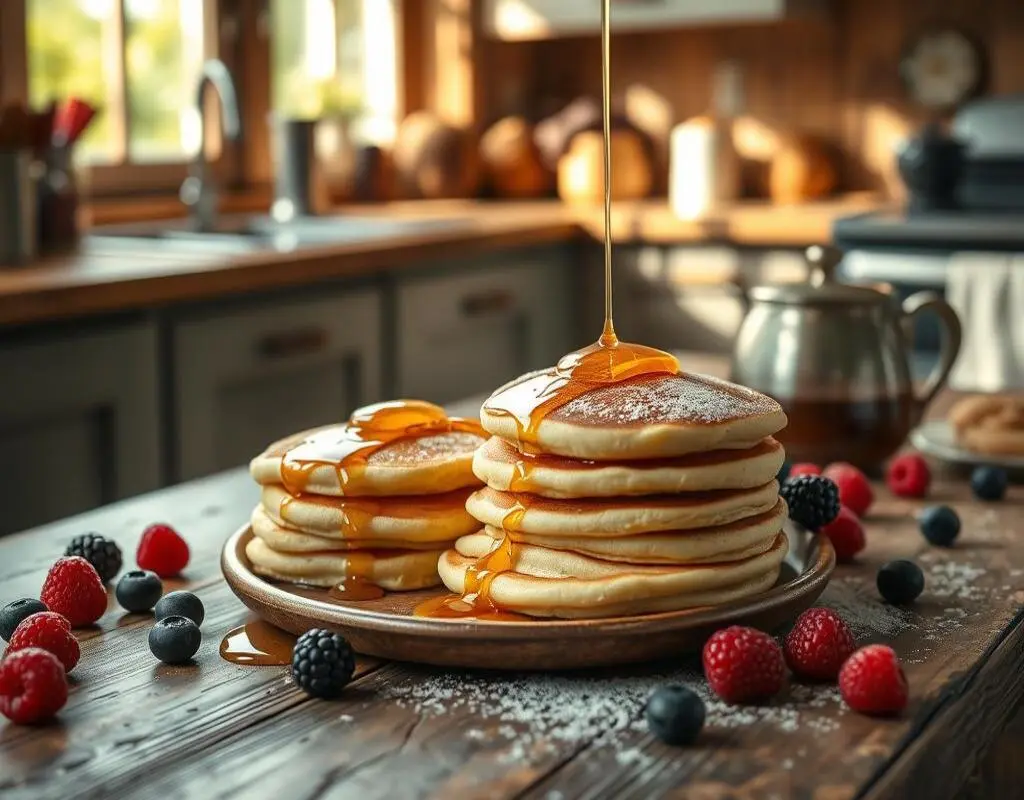 Homemade fluffy pancakes stacked on a rustic wooden table, topped with butter and drizzled with syrup