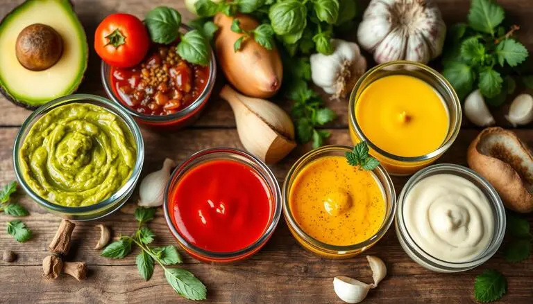 Assortment of homemade keto sauces in glass jars, featuring rich, vibrant colors and fresh ingredients on a rustic kitchen counter