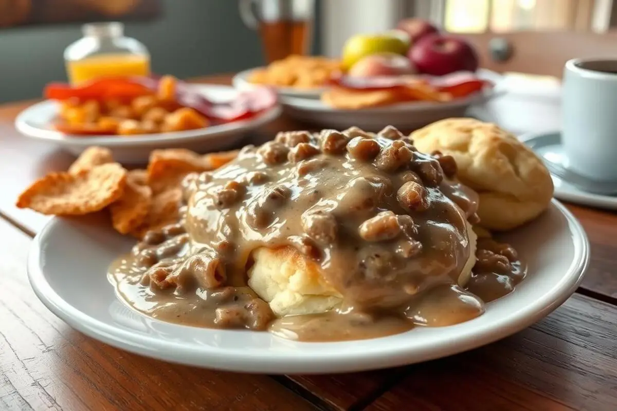 A plate of homemade biscuits topped with creamy sausage gravy, garnished with fresh herbs.