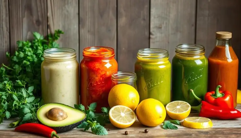 Selection of homemade paleo sauces in small bowls, showcasing natural ingredients on a rustic wooden surface.