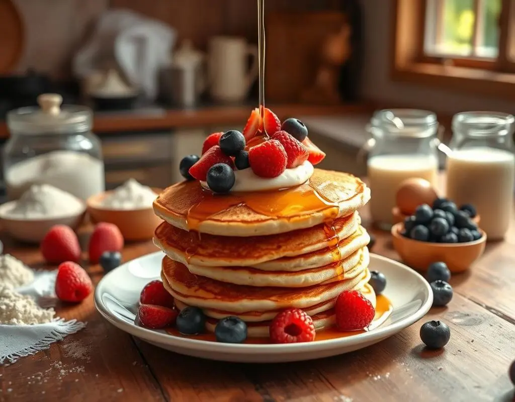 Homemade fluffy pancakes stacked on a rustic wooden table, topped with butter and drizzled with syrup.