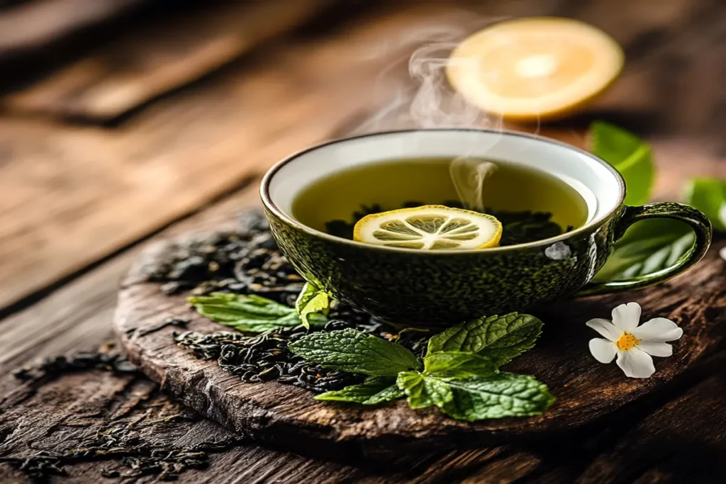 A peaceful scene with a cup of green tea resting on a wooden tray, surrounded by tea leaves and soft natural lighting.