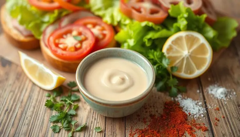 Homemade sandwich sauces in glass jars, with vibrant colors and fresh ingredients, arranged on a wooden kitchen counter.