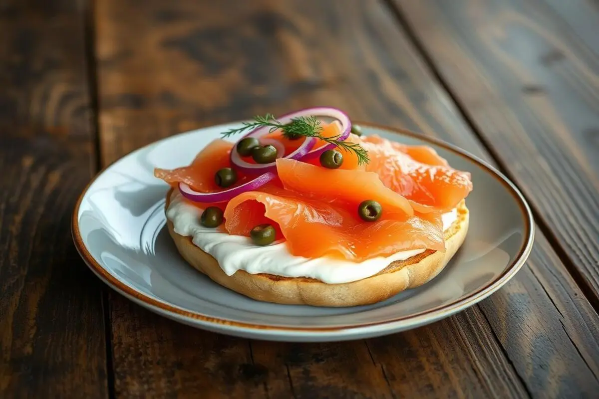 Slices of smoked salmon garnished with herbs and lemon slices.