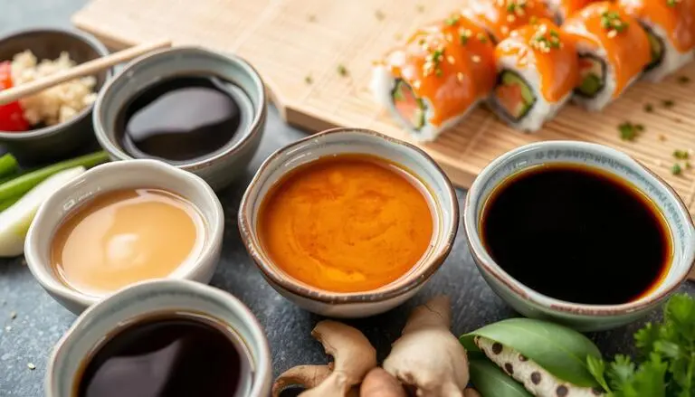 An assortment of homemade sushi sauces in small bowls, showcasing rich colors and fresh ingredients on a wooden surface