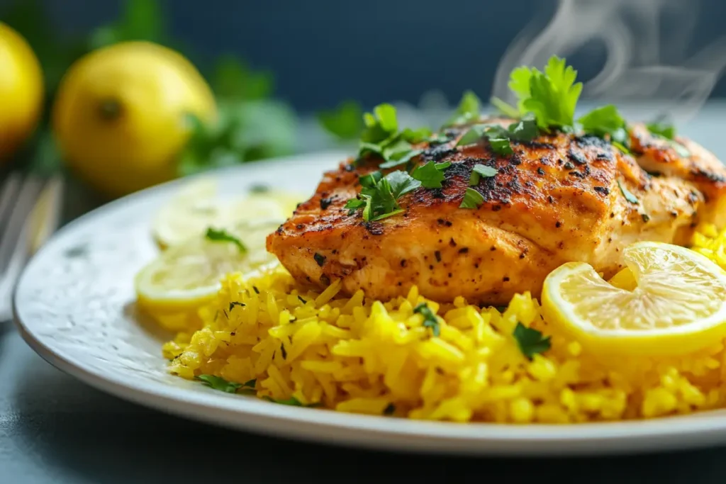 Chicken breast on yellow rice served with lemon slices on a white plate