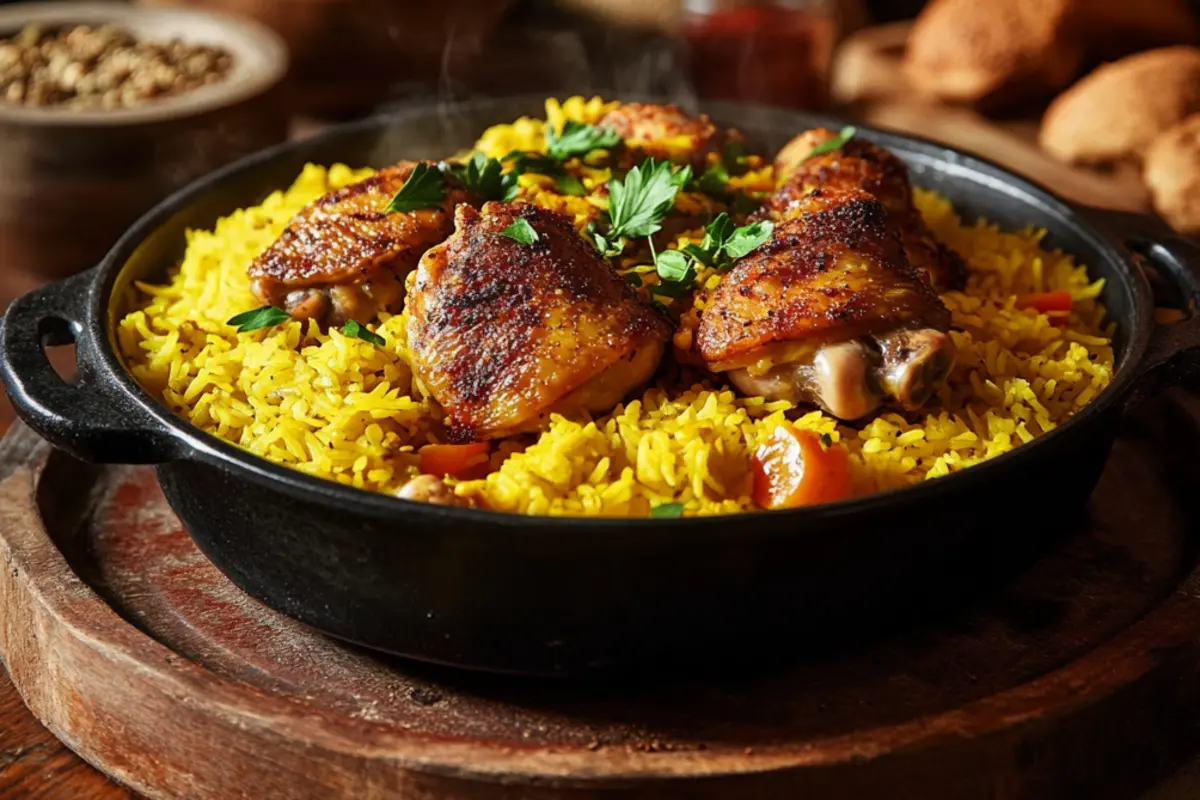 Skillet of chicken and yellow rice garnished with parsley